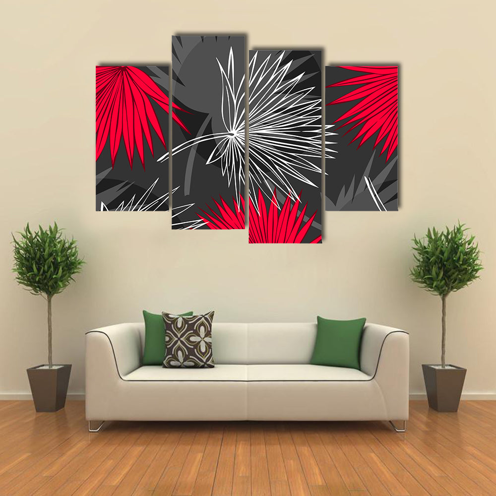 Red and Gray Palm Leaf Pattern Canvas Wall Art