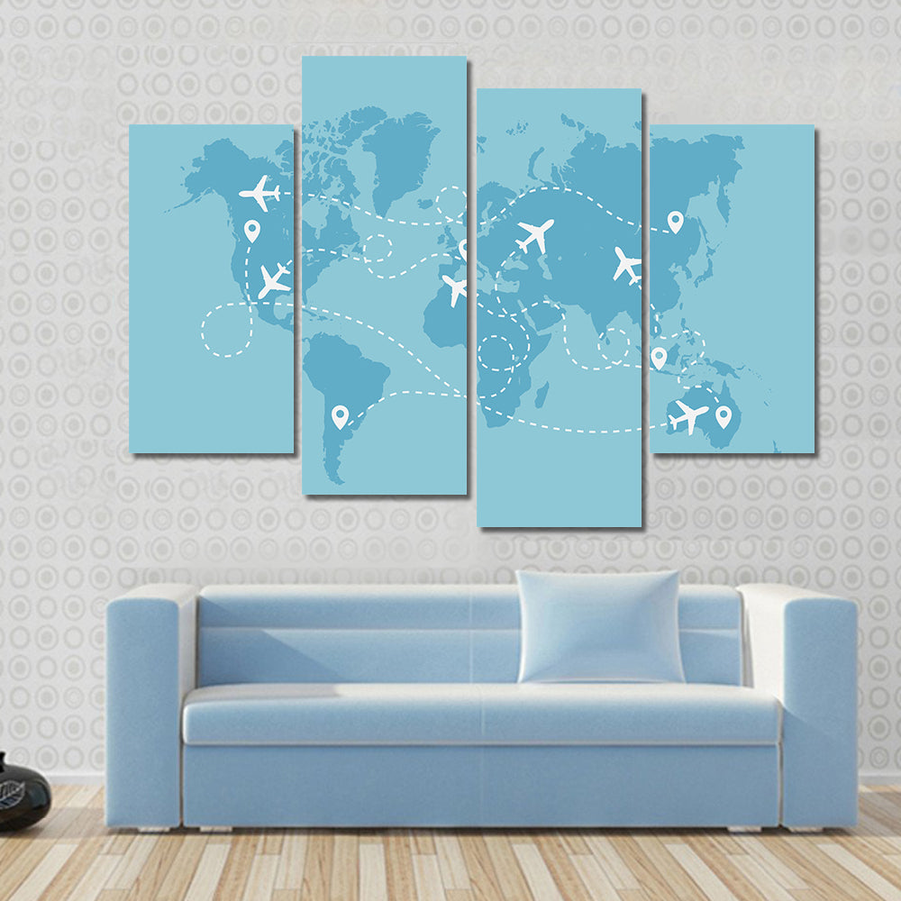 Airplane Travel Route On World Map Canvas Wall Art