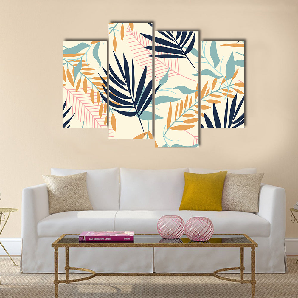 Tropical Leaves Pattern in Navy and Mustard Canvas Wall Art