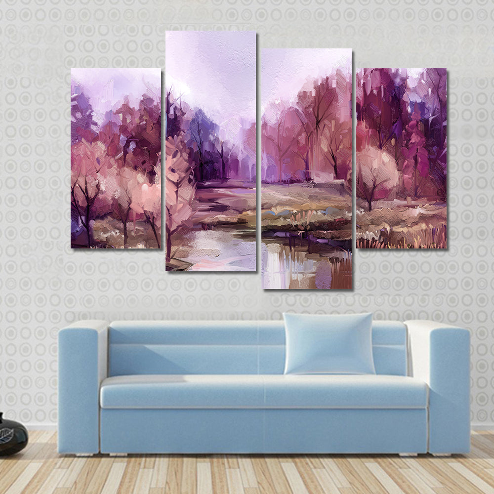 Autumn Forest Lake in Lavender Hues Canvas Wall Art