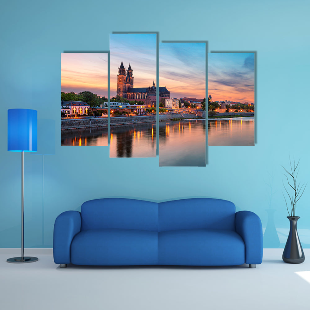 Magdeburg City And Elbe River At Sunset In Germany Canvas Wall Art