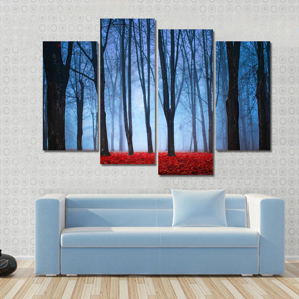 Foggy Autumn Forest with Red Leaves Canvas Wall Art