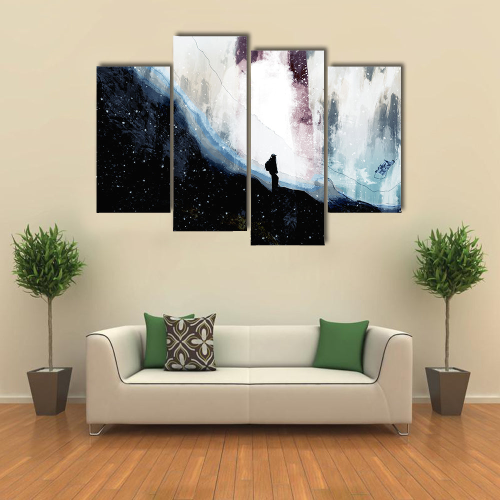 Lone Hiker Beneath Starlit Rift Canvas Wall Art