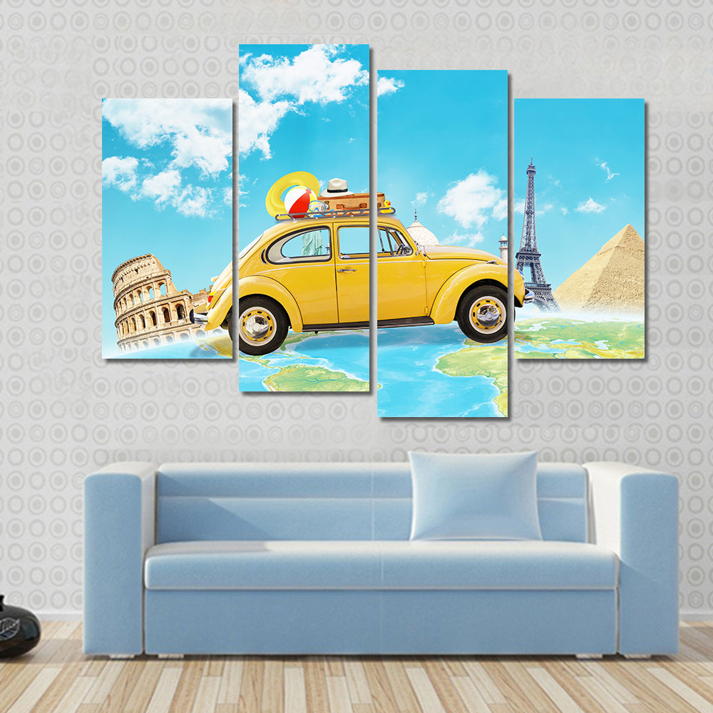 Yellow Vintage Car Over World Map Canvas Wall Art