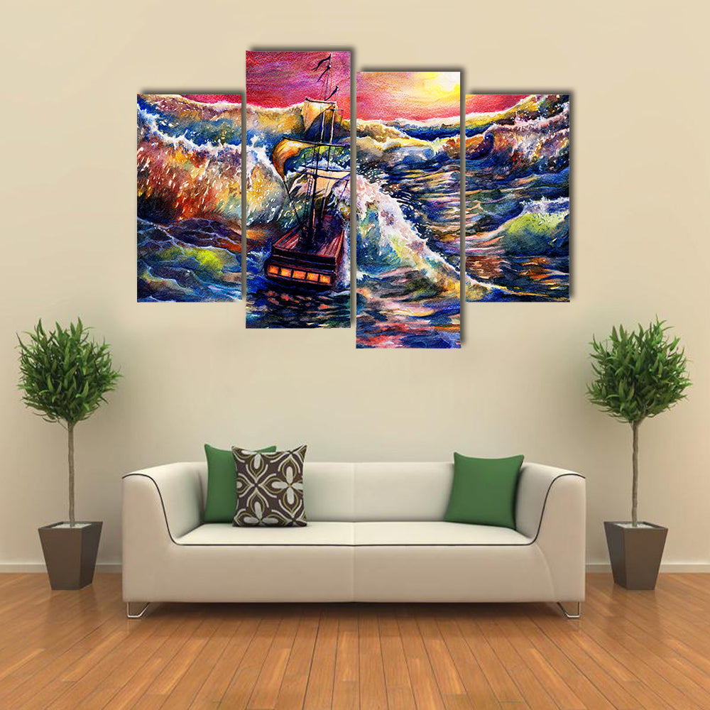 Sunset Sailing Ship in Stormy Sea Canvas Wall Art