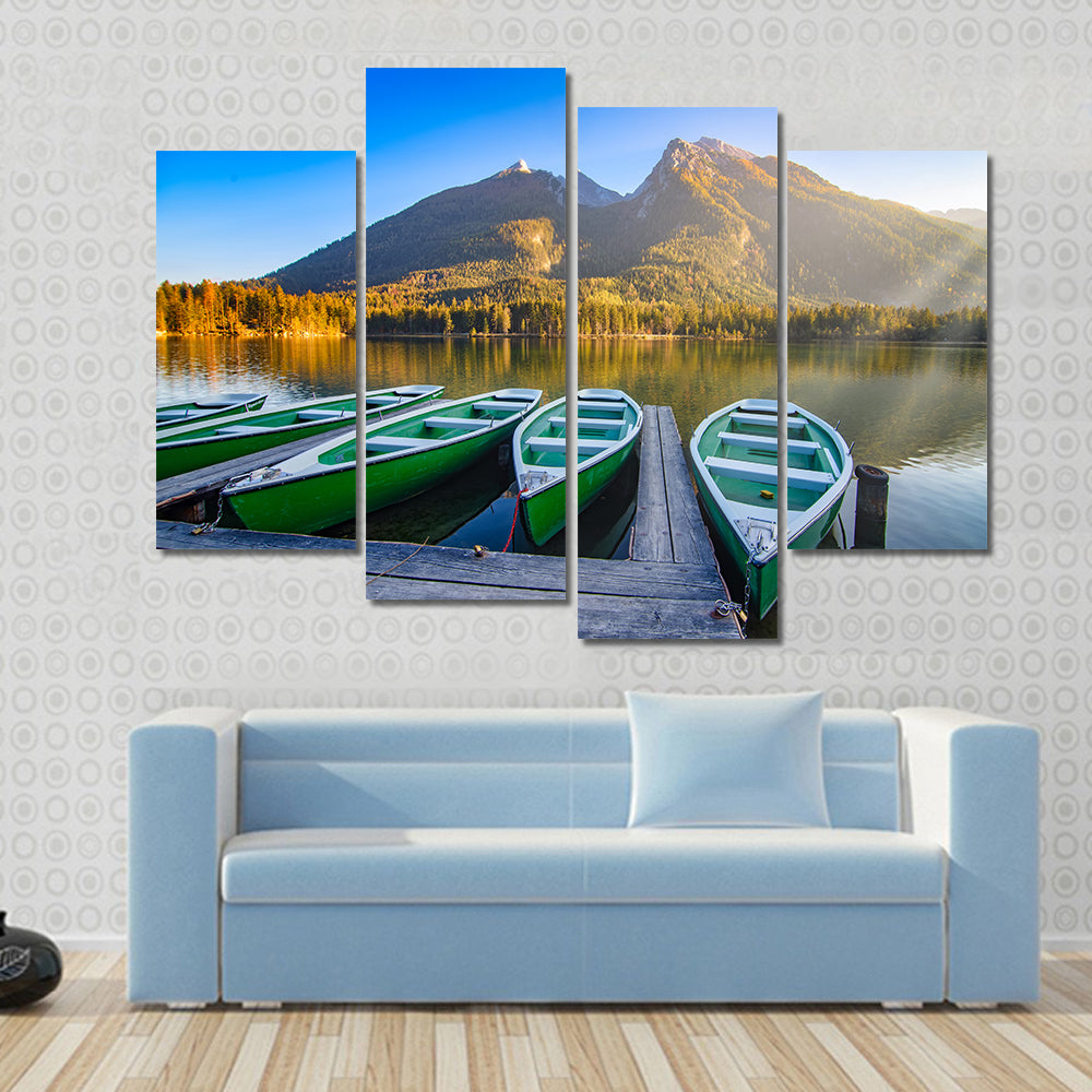 Green Rowboats on Mountain Lake Canvas Wall Art