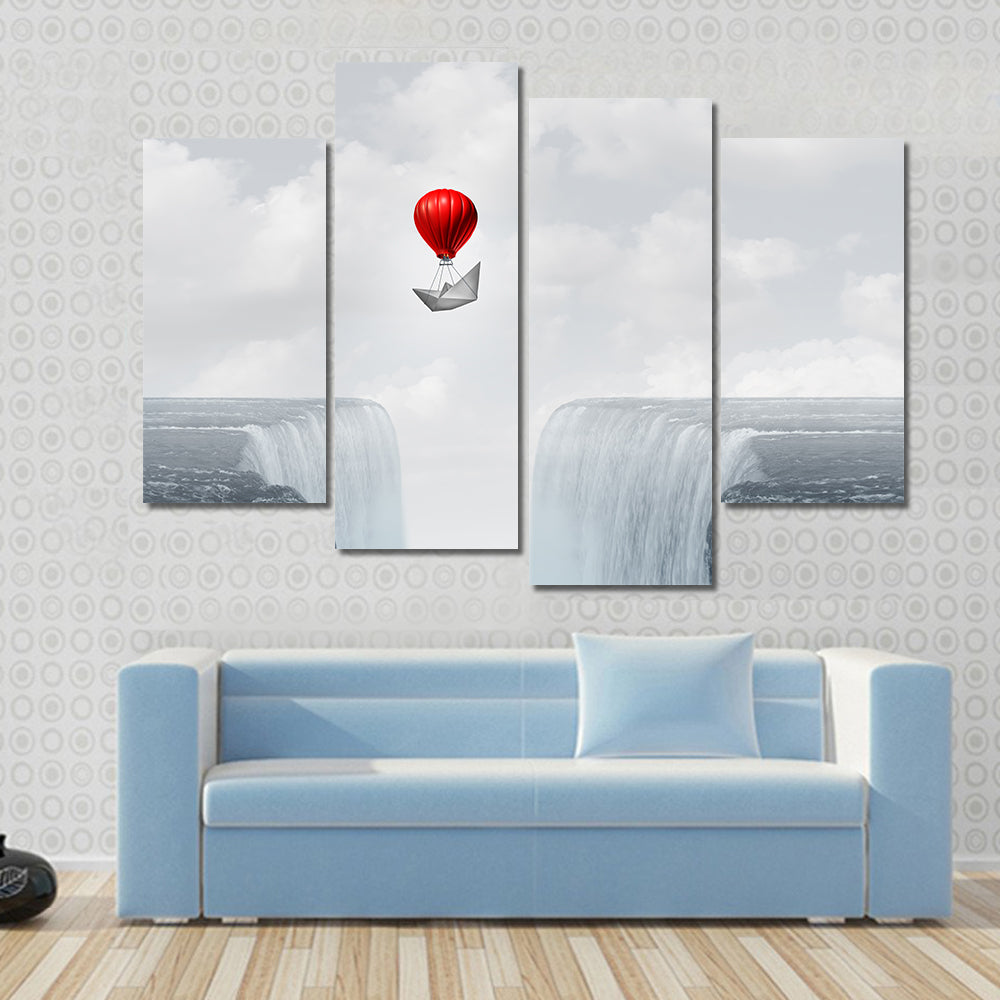 Red Balloon and Paper Boat Above Twin Waterfalls Canvas Wall Art
