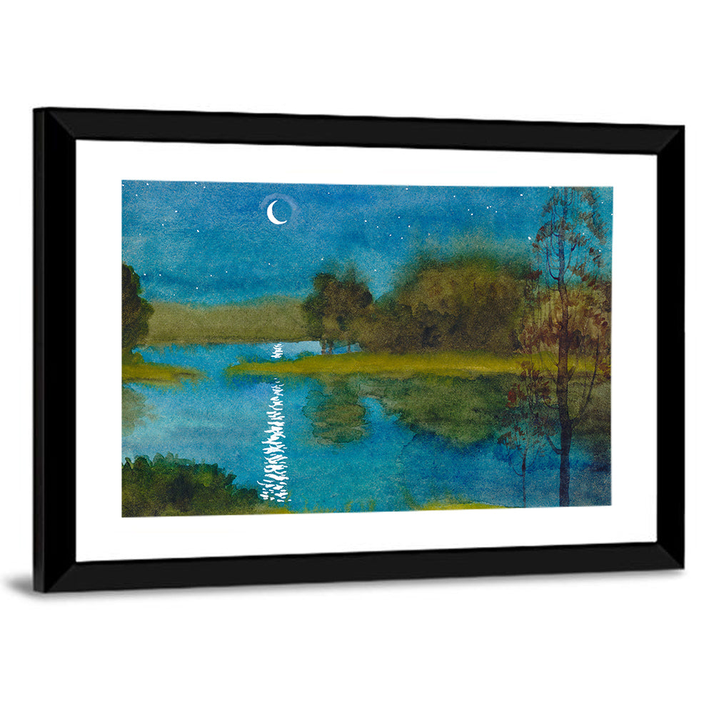 Moonlit River Watercolor Landscape Canvas Wall Art