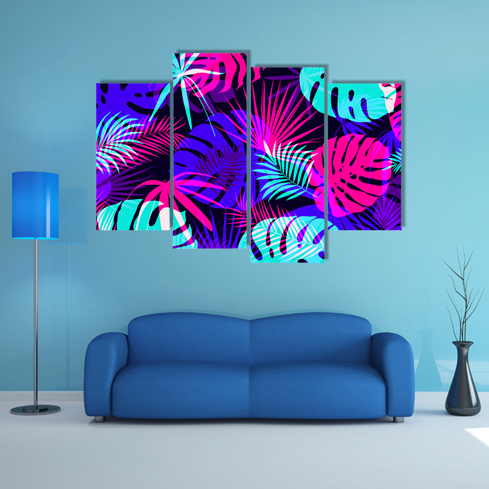 Neon Tropical Leaves Pattern Canvas Wall Art