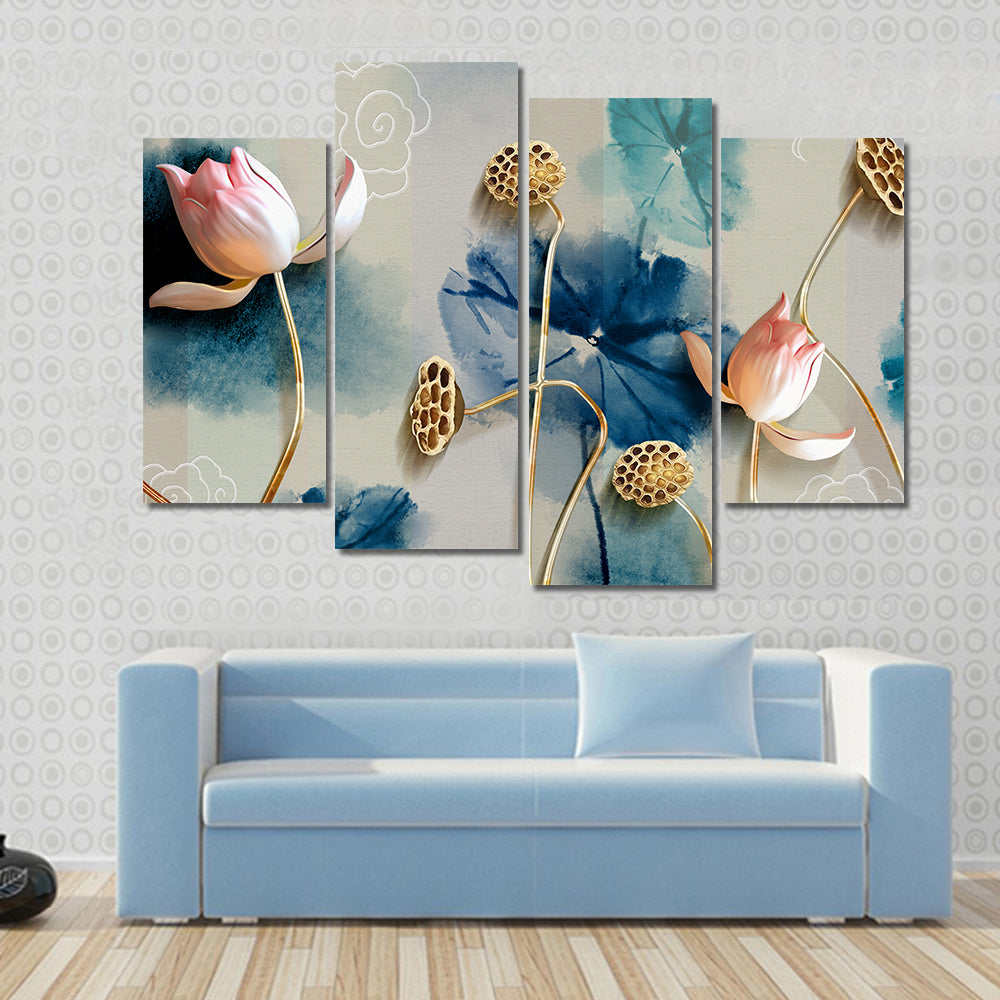 Lotus Garden Illustration with Gold Accents Canvas Wall Art