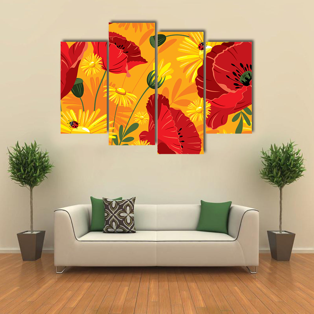 Poppies and Daisies with Ladybugs Canvas Wall Art