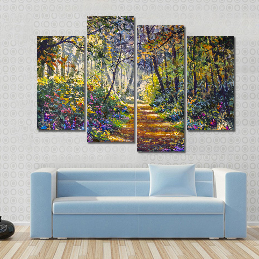 Sunlit Forest Path with Wildflowers Canvas Wall Art