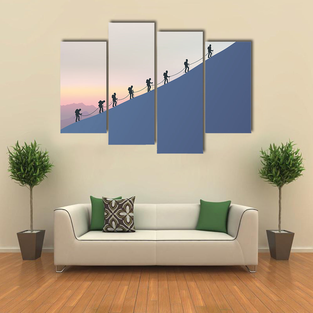 Roped Mountaineers on Slanted Blue Slope Canvas Wall Art