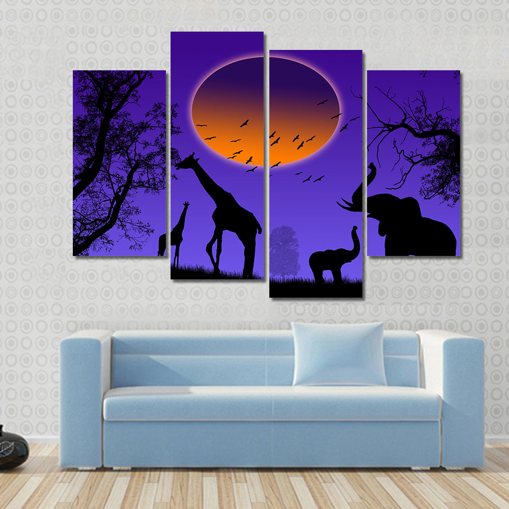 Moonlit Jungle Animal Silhouettes Canvas Wall Art