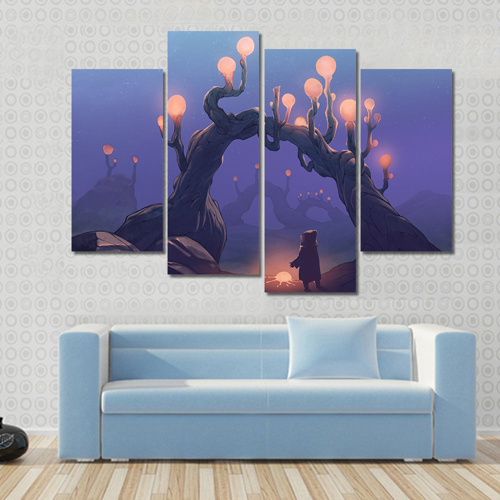 Surreal Jungle with Cloaked Figure Canvas Wall Art
