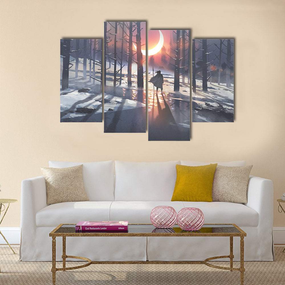 Cloaked Figure in Winter Forest Canvas Wall Art