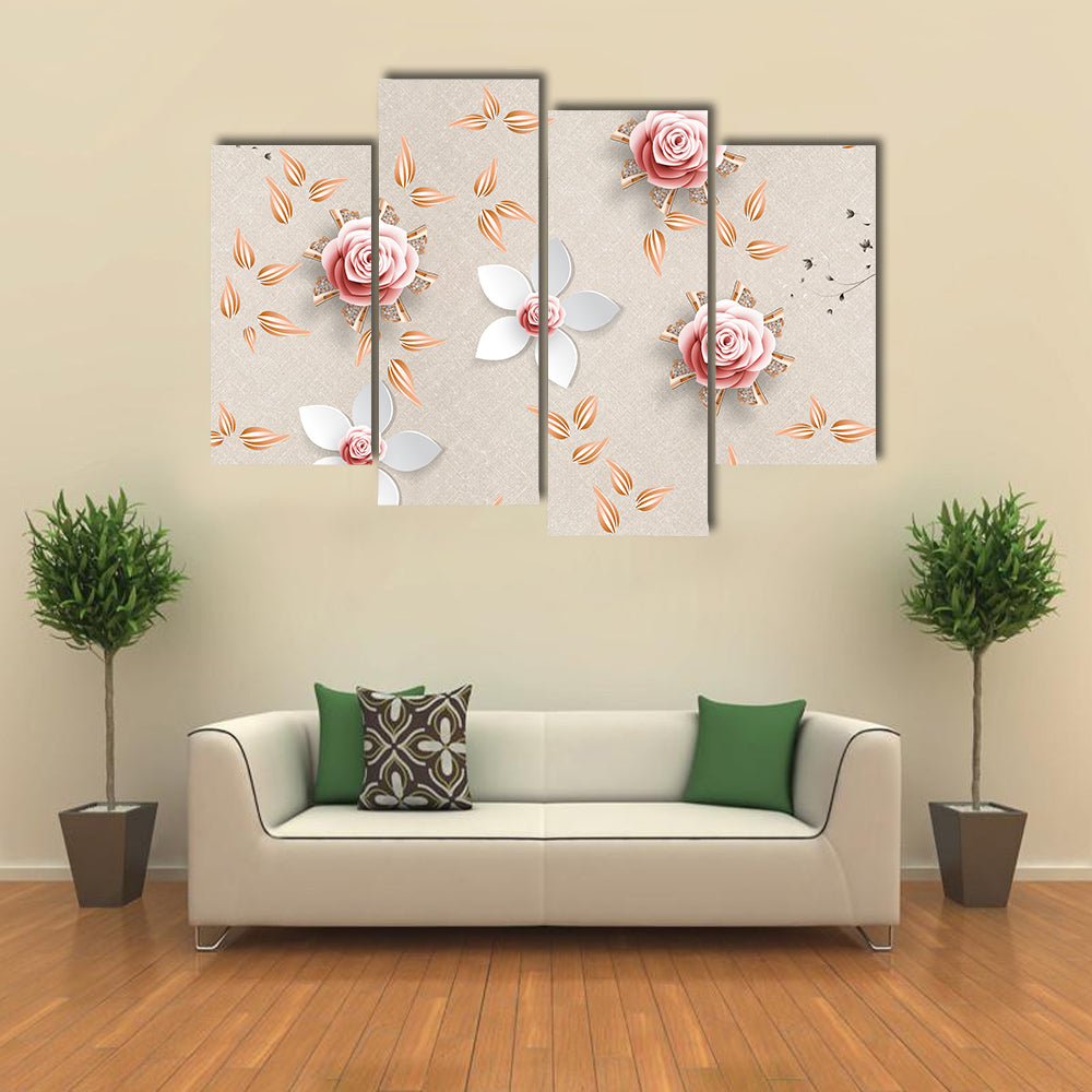 3d Stylized Pink Roses and White Flowers Canvas Wall Art