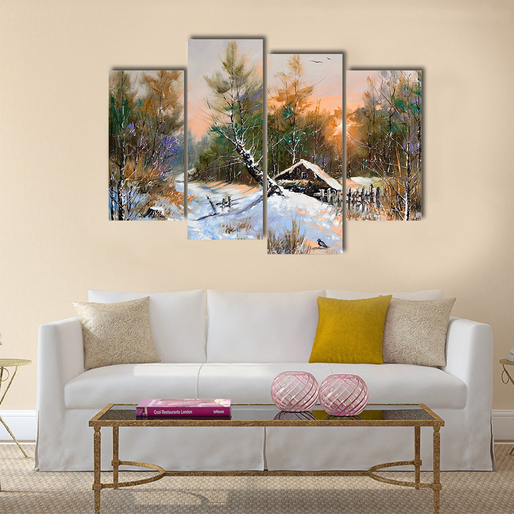 Snowy Cabin in Winter Forest Canvas Wall Art