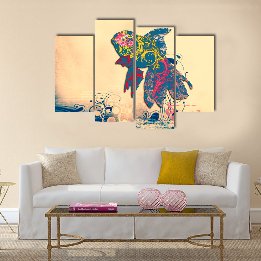 Grunge Goldfish with Ornate Floral Patterns Canvas Wall Art
