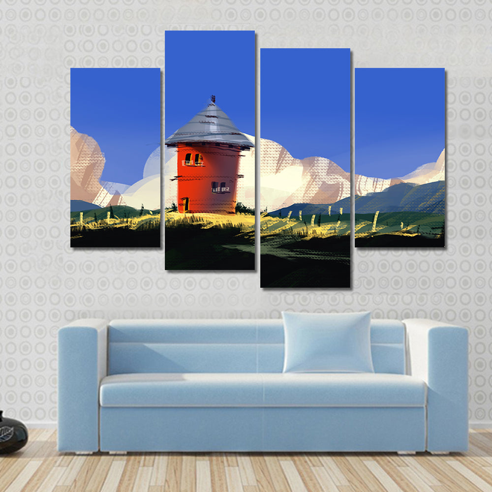 Red Tower on Grassy Hill Canvas Wall Art