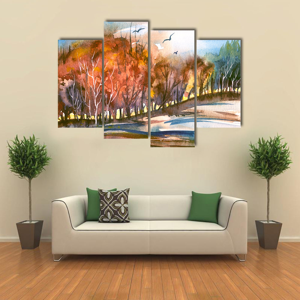 Autumn Lakeside Tree Line Canvas Wall Art