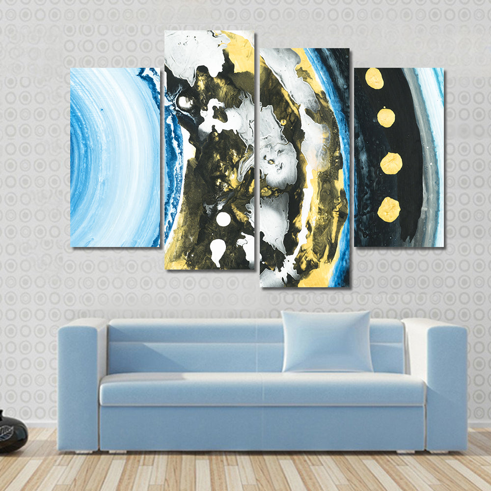 Blue and Black Abstract with Gold Dots Canvas Wall Art