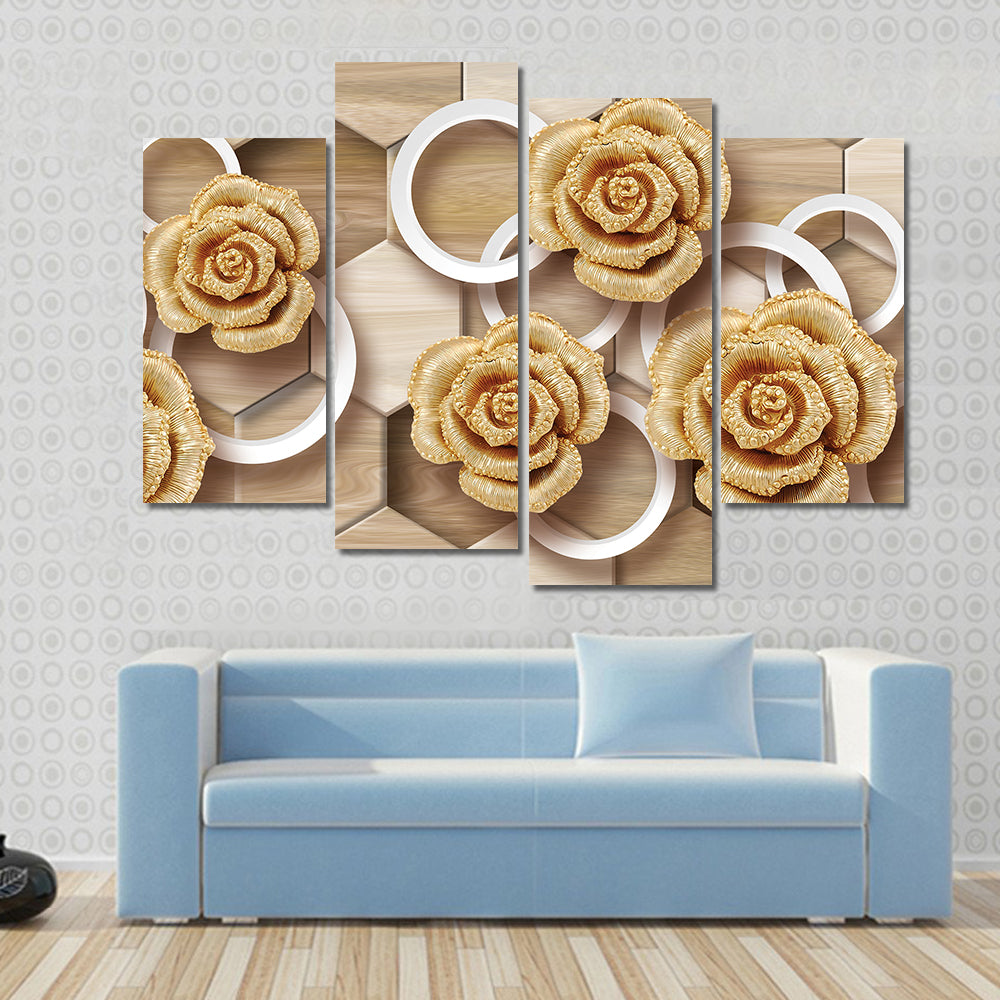 Golden Roses with Floating Rings and Hexagons Canvas Wall Art