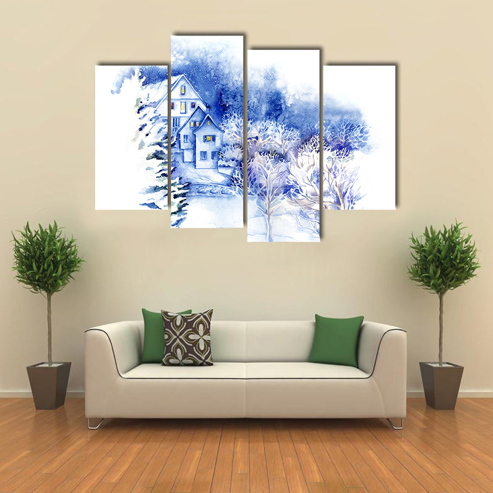Snow-covered Houses Watercolor Landscape Canvas Wall Art