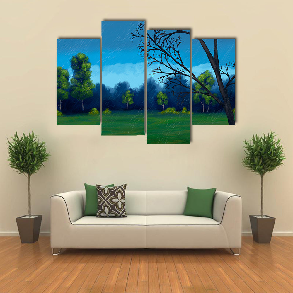 Rainy Green Field with Bare-branched Tree Canvas Wall Art