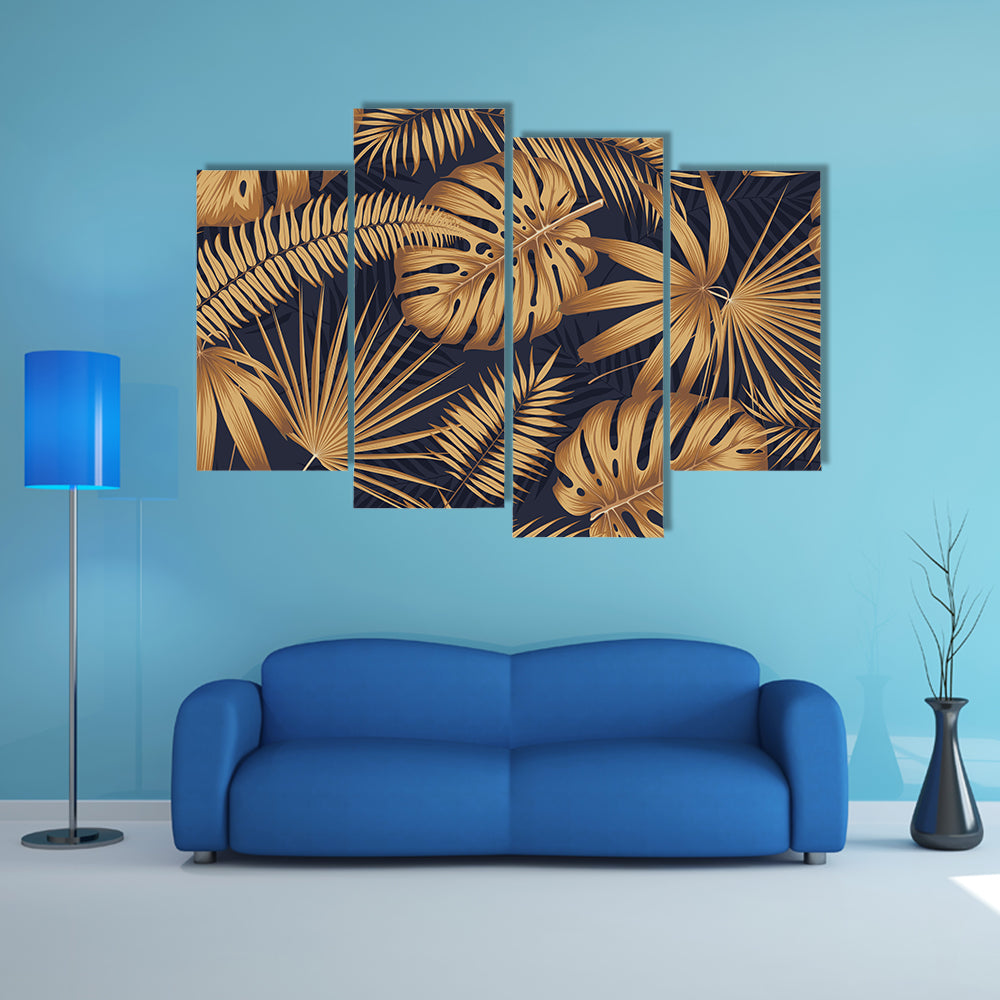 Golden Monstera and Palm Leaves Canvas Wall Art