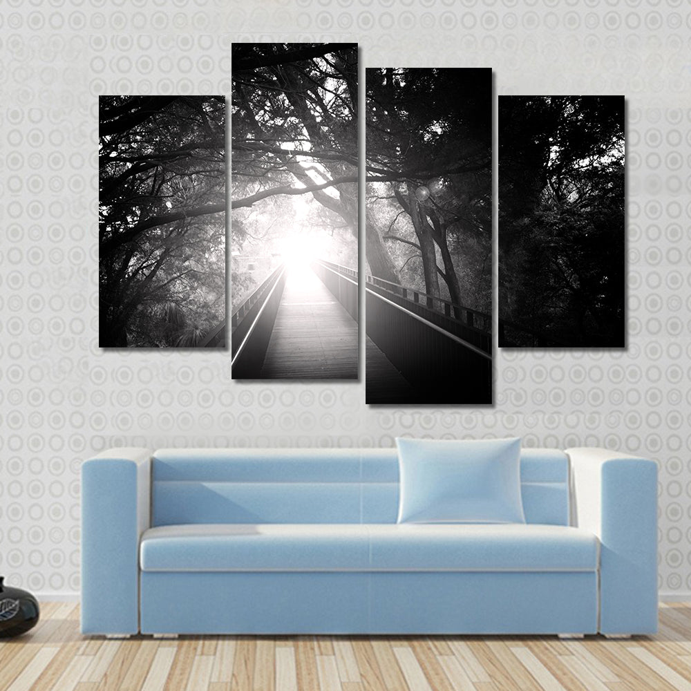 Wooden Bridge Into Sunlit Forest Canvas Wall Art
