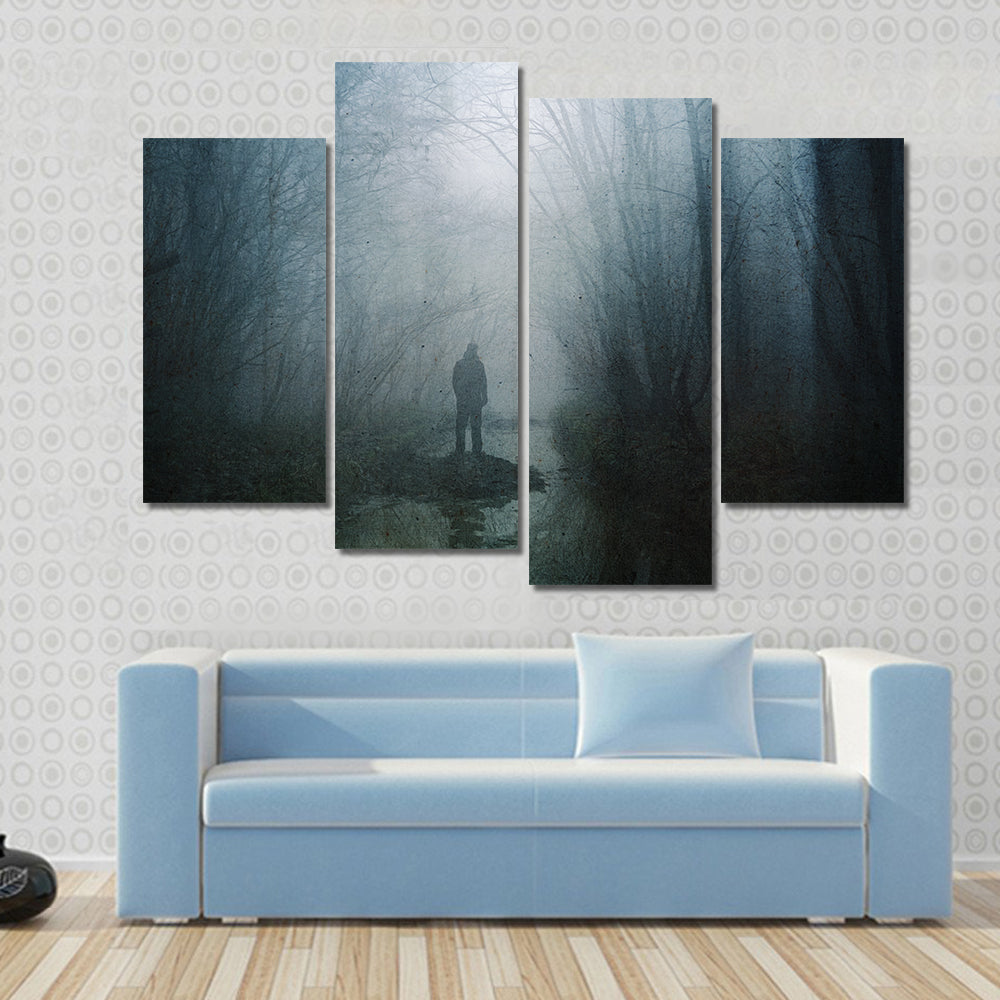 Silhouette at Stream in Misty Forest Canvas Wall Art