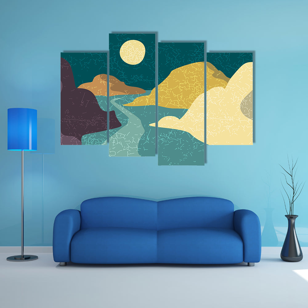 Teal and Purple Moonlit Mountain Abstract Canvas Wall Art