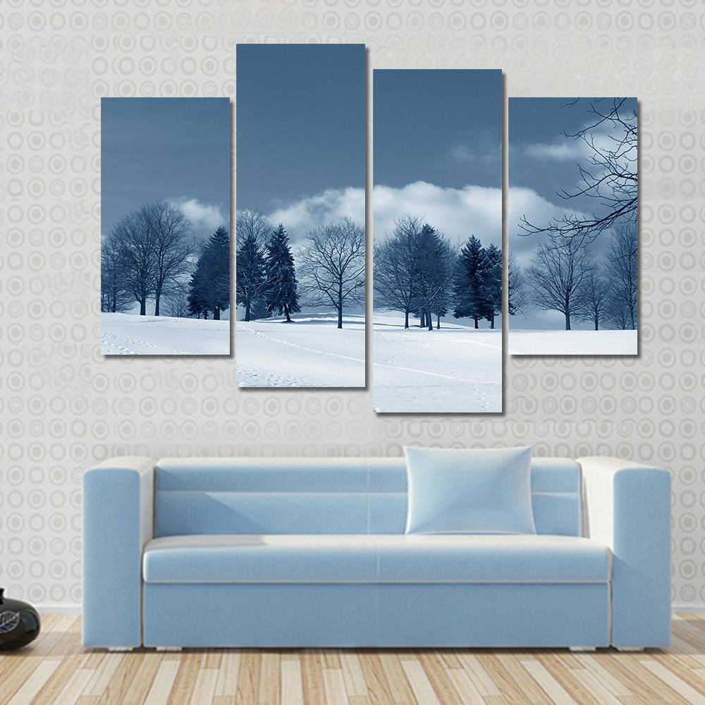 Snowy Field with Evergreens and Tracks Canvas Wall Art