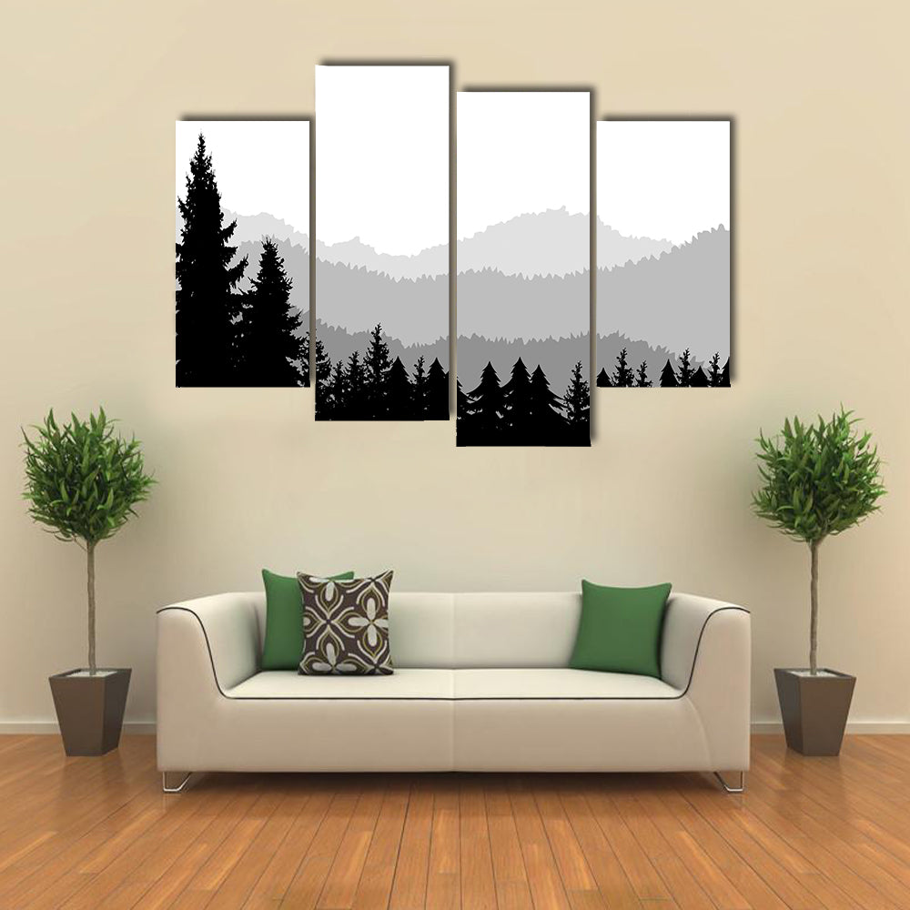 Monochrome Mountain Ranges with Pine Silhouettes Canvas Wall Art