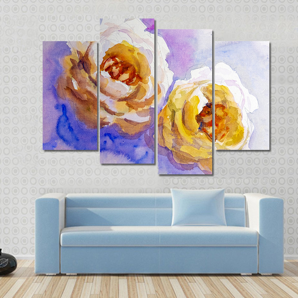 Two Yellow Roses Watercolor Painting Canvas Wall Art