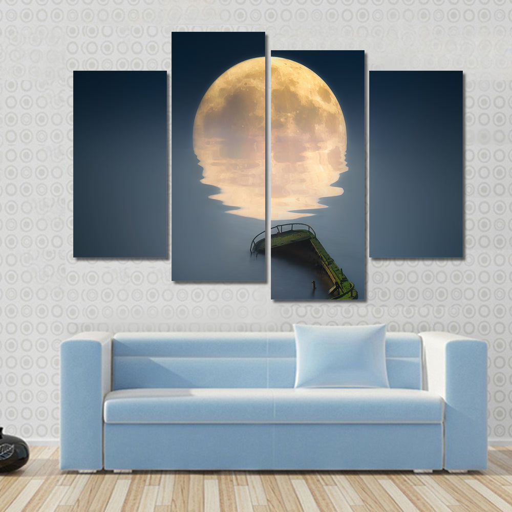 Full Moon Over Broken Ship In Sea Canvas Wall Art