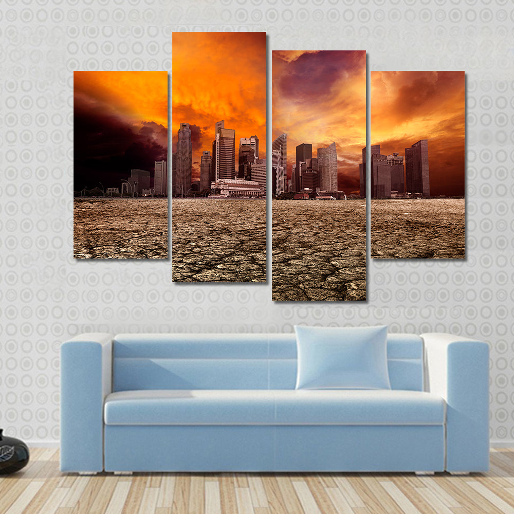 Apocalyptic City Skyline Over Cracked Earth Canvas Wall Art