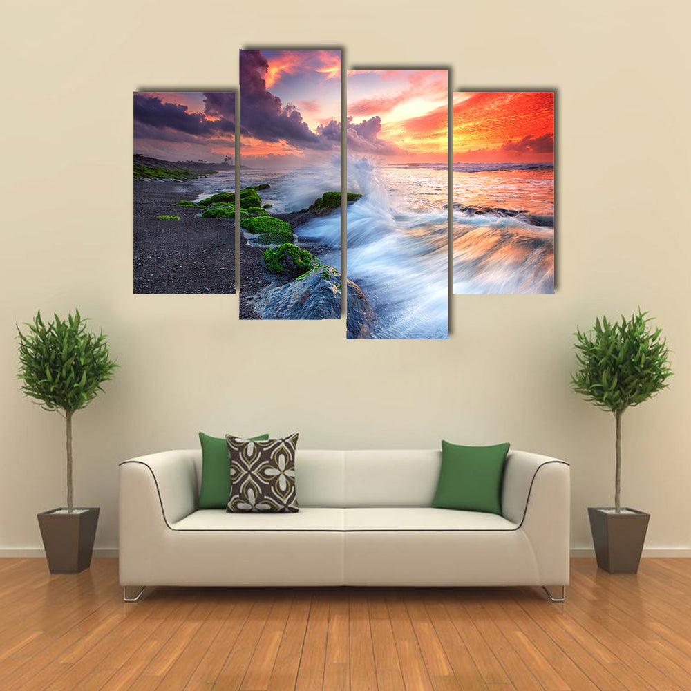 Burning Sky Over Black Sand Beach Canvas Wall Art