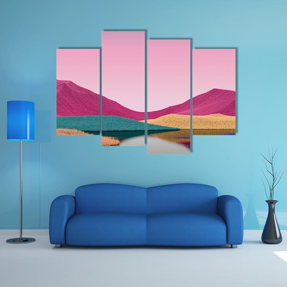 Surreal Pink Mountains with Reflective Lake Canvas Wall Art