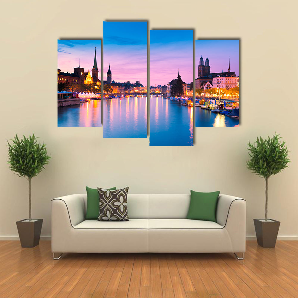 Zurich Skyline At Blue Hour In Switzerland Canvas Wall Art