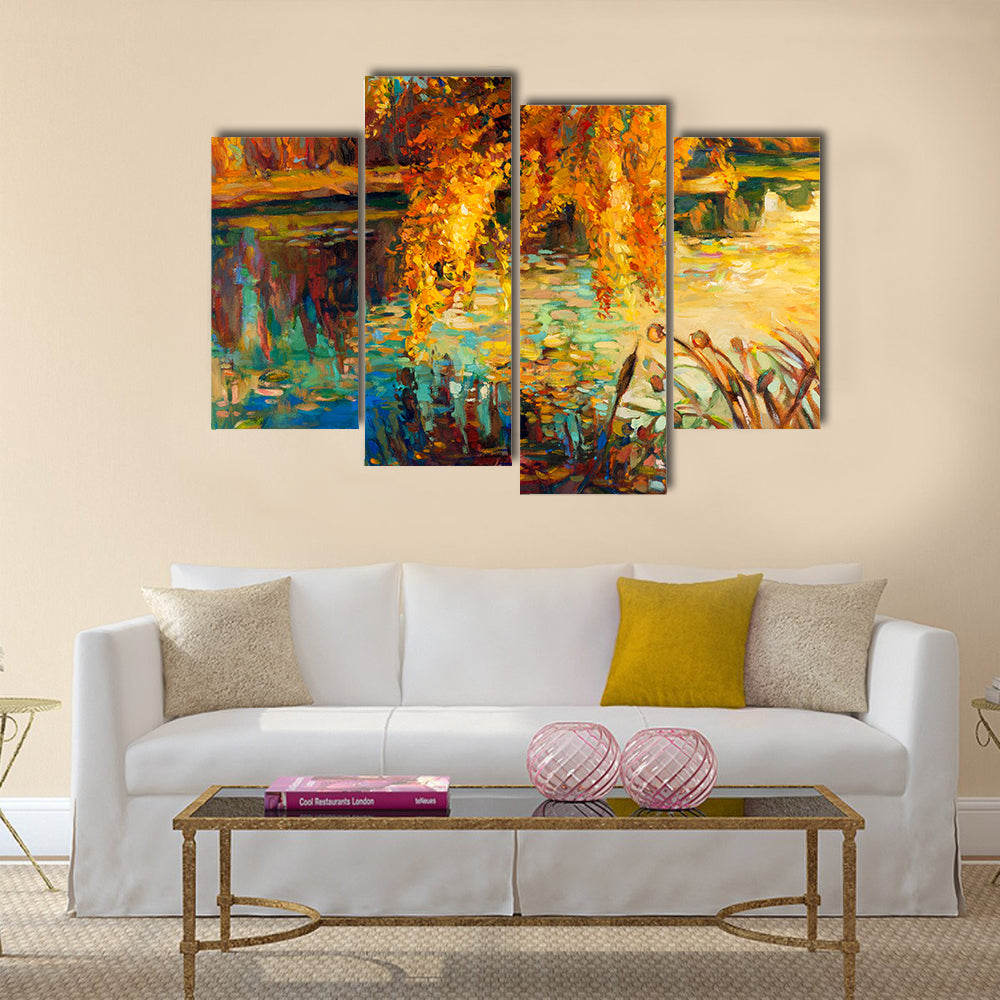 Golden Willow Over Autumn Lake Canvas Wall Art