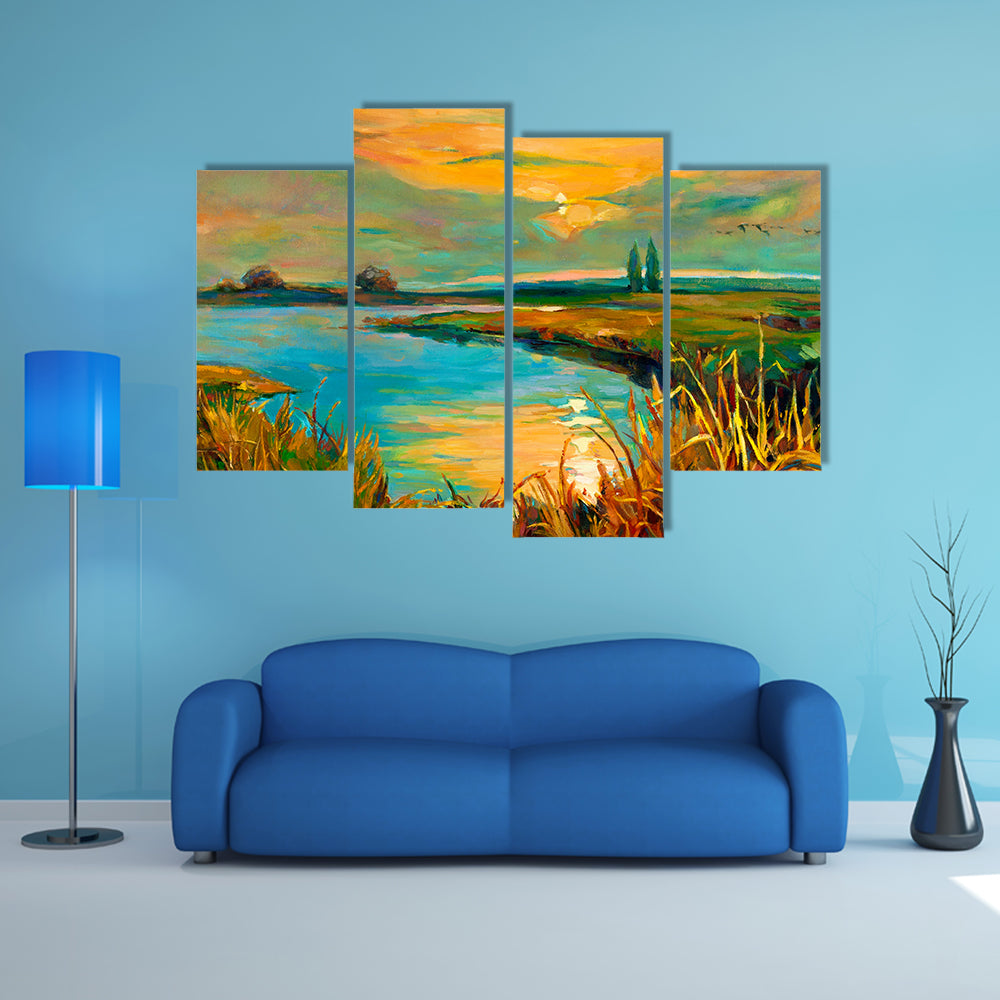 Golden Lakeside Sunset Canvas Wall Art