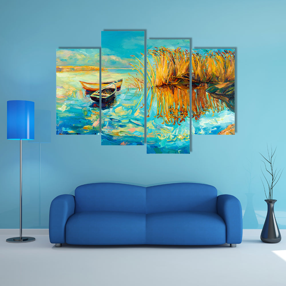 Two Rowboats at Golden Reeds Canvas Wall Art