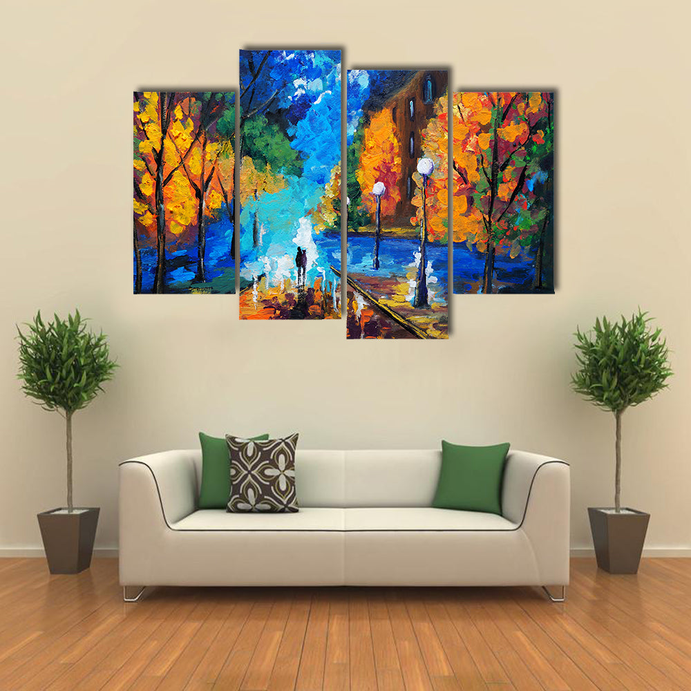 Autumn Couple Under Glowing Streetlights Canvas Wall Art
