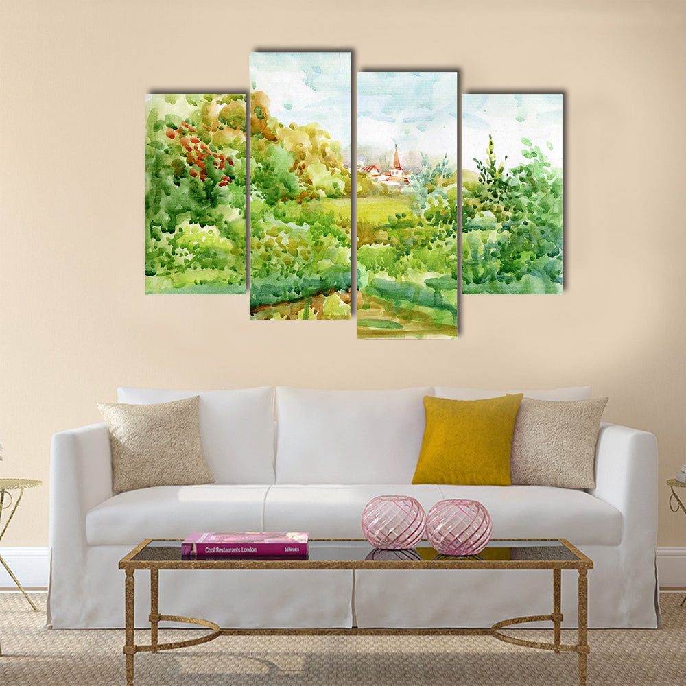 Village Watercolor Landscape with Red-roofed Church Canvas Wall Art