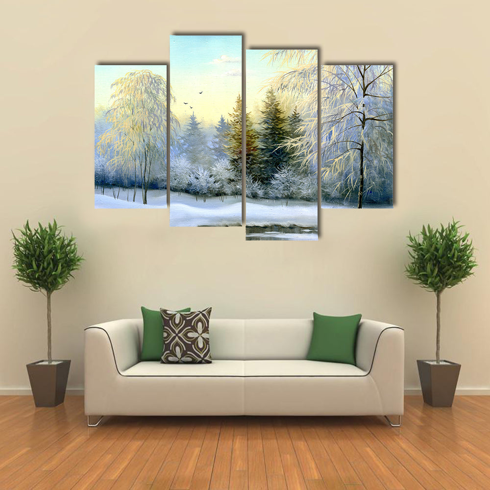 Snow-covered Forest and Frozen River Canvas Wall Art