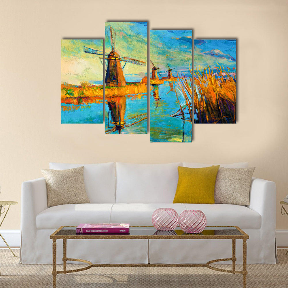 Windmill Landscape at Sunset Canvas Wall Art