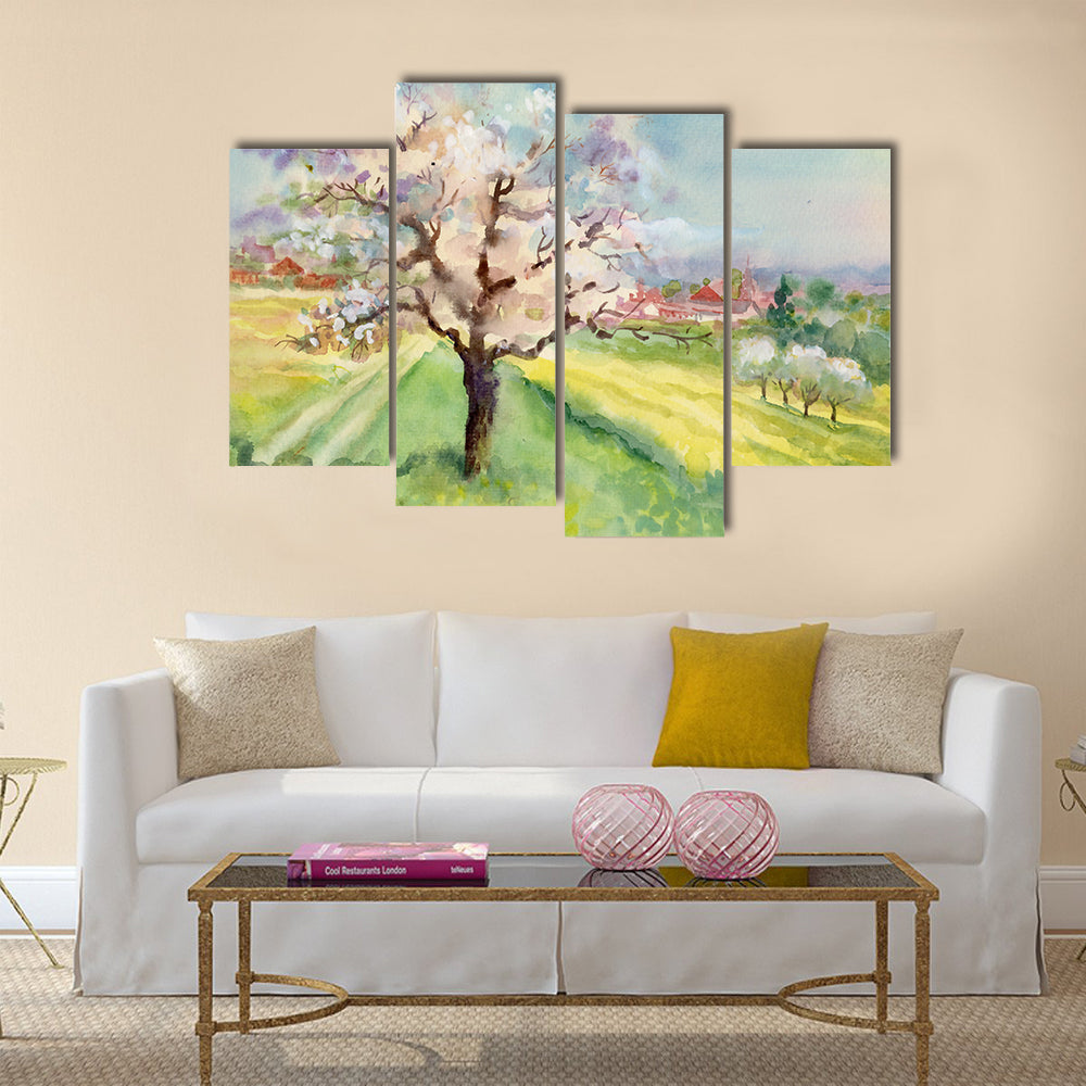 Village Life Watercolor Landscape Canvas Wall Art