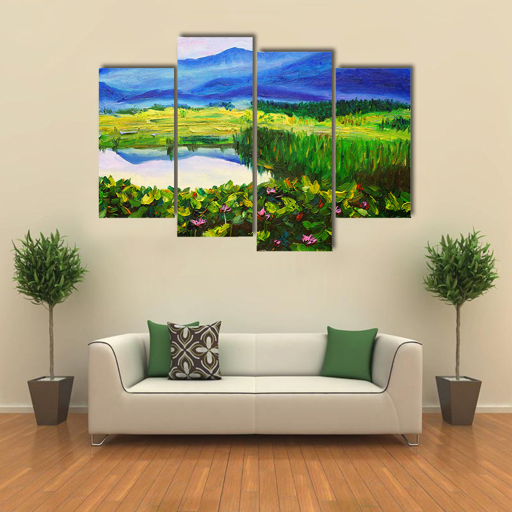 Summer Mountain Lake with Lotus Canvas Wall Art